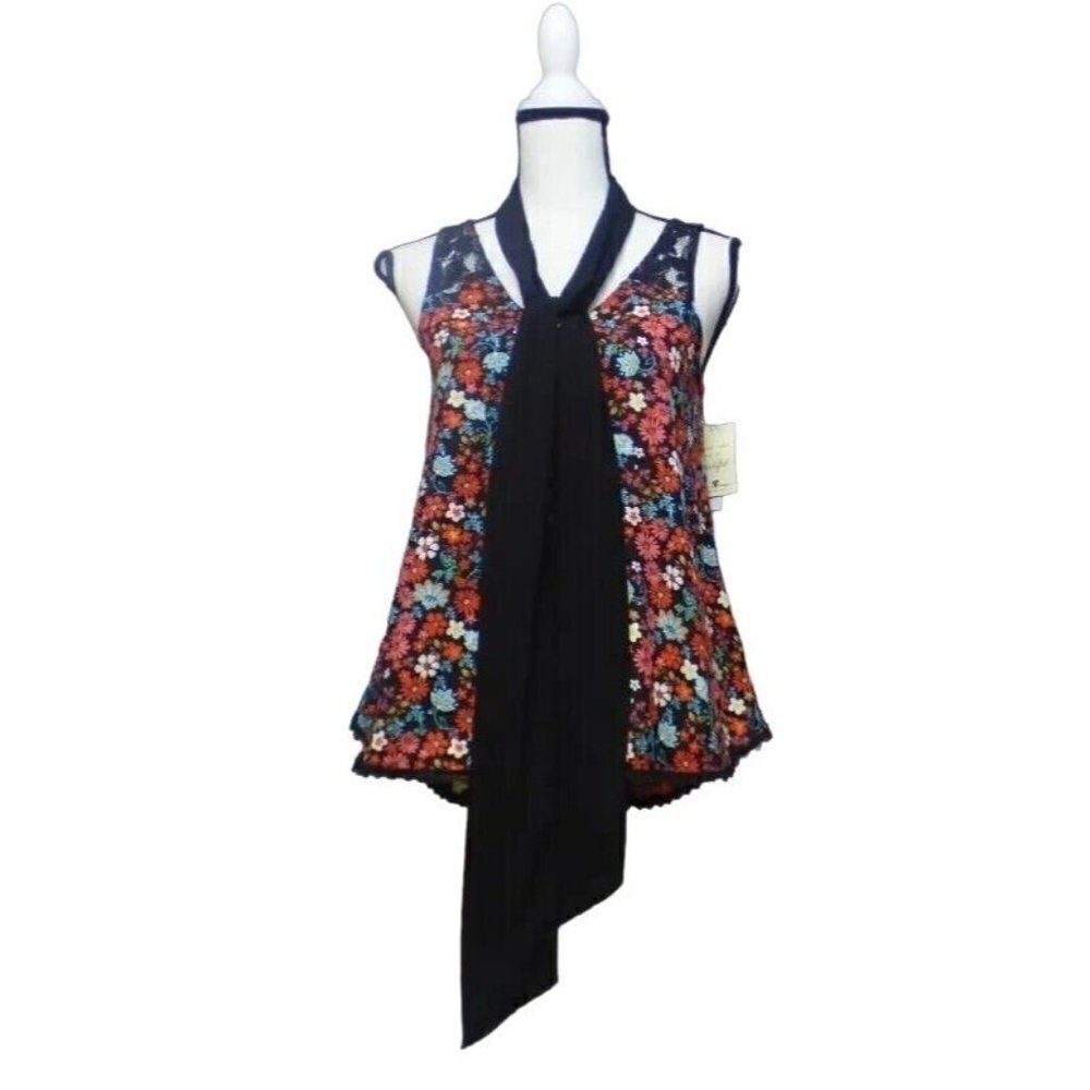 Belle Du Jour Junior’s Lace Trim Printed Scarf Top , Black-multi- M